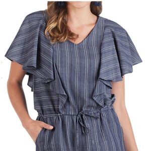 MUDPIE ISLA RUFFLE SLEEVE BLUE STRIPE ROMPER - XS